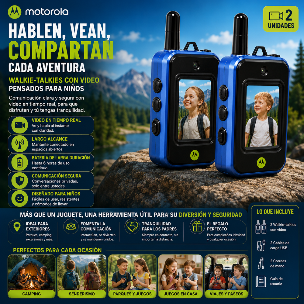 Motorola® Juego de walkie-talkies con video para niños (2 unidades), juguetes de radio bidireccional recargables de largo alcance; ideal para aventuras al aire libre, acampadas, senderismo y regalos de cumpleaños; diseño duradero y con carga de 6 horas