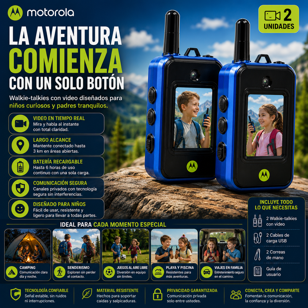 Motorola® Juego de walkie-talkies con video para niños (2 unidades), juguetes de radio bidireccional recargables de largo alcance; ideal para aventuras al aire libre, acampadas, senderismo y regalos de cumpleaños; diseño duradero y con carga de 6 horas