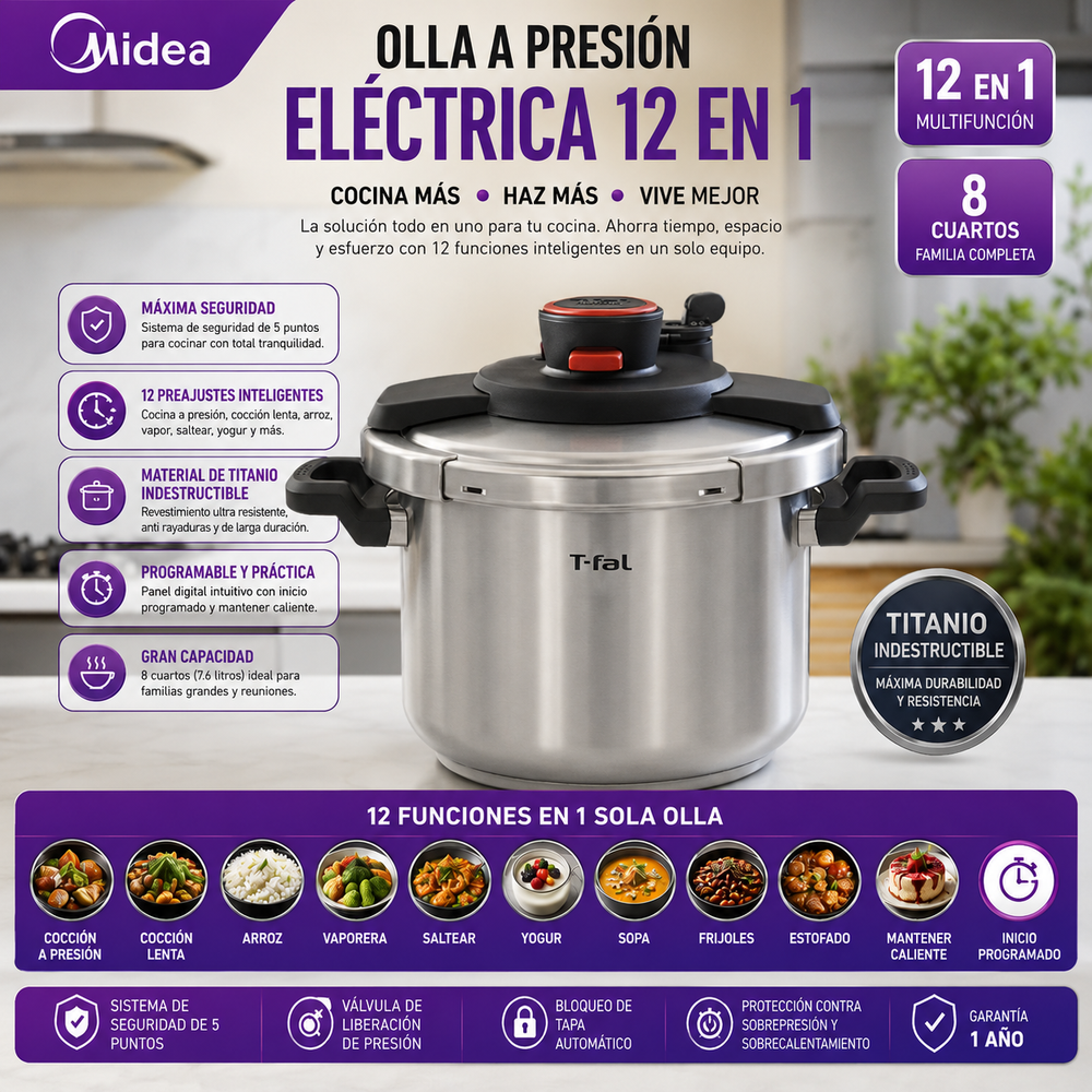 Midea Olla a presión eléctrica 12 en 1, 8 cuartos, 12 preajustes, olla de cocción lenta programable multifuncional, olla arrocera, vaporera, sartén para saltear, máquina de yogur y más, material de titanio indestructible