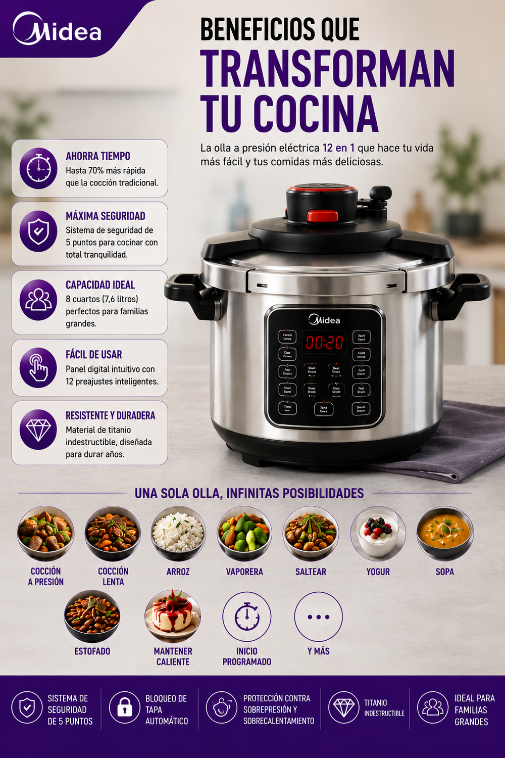 Midea Olla a presión eléctrica 12 en 1, 8 cuartos, 12 preajustes, olla de cocción lenta programable multifuncional, olla arrocera, vaporera, sartén para saltear, máquina de yogur y más, material de titanio indestructible