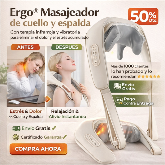 Ergo® Masajeador de cuello y espalda, con terapia infrarroja y vibratoria para eliminar el dolor y el estrés acumulado