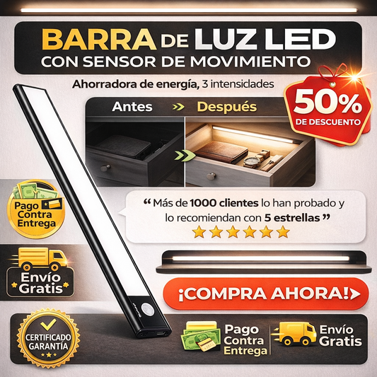 BARRA DE LUZ LED CON SENSOR DE MOVIMIENTO - Ahorradora de energía, 3 intensidades