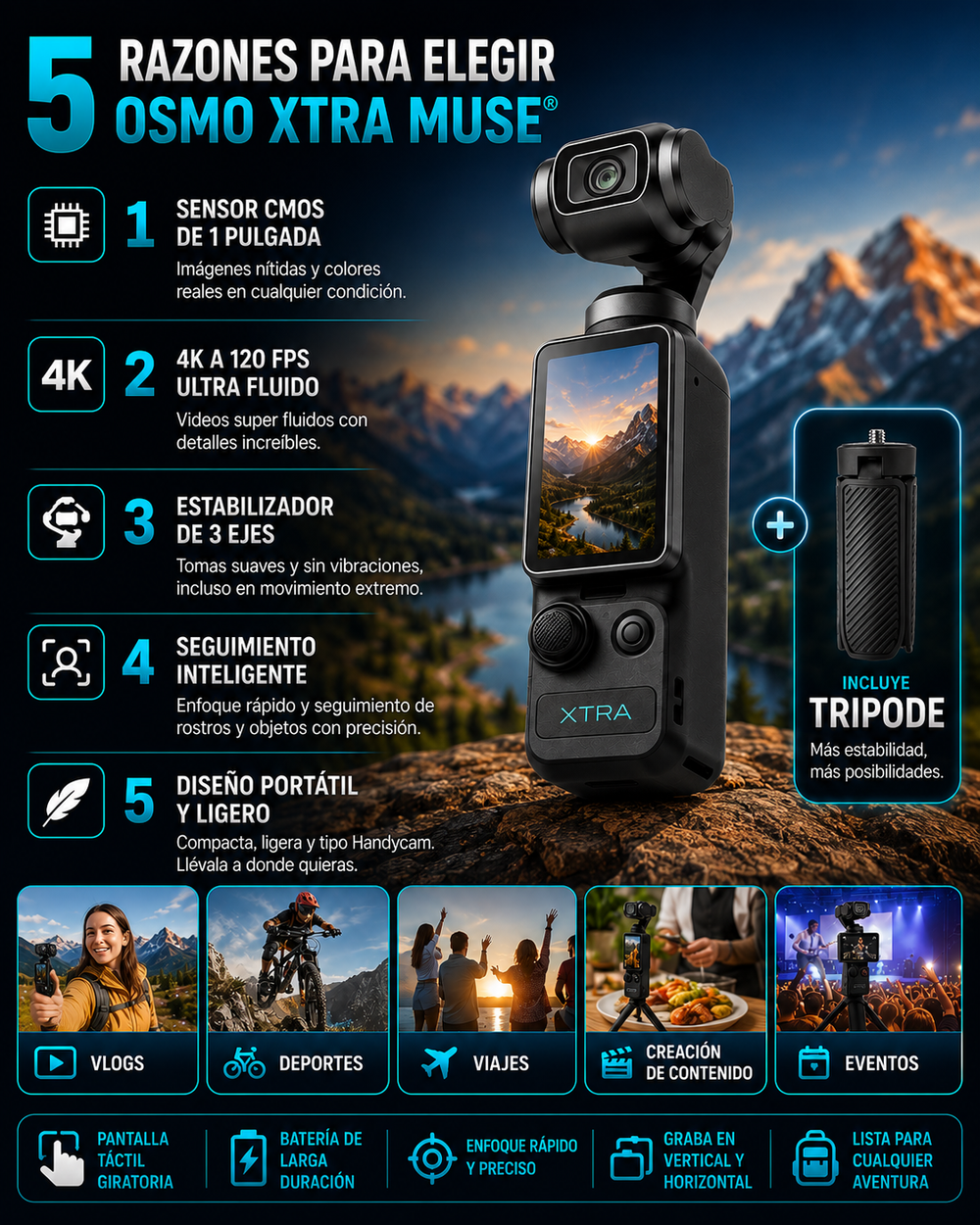 Osmo Xtra Muse® Videocámara de vlogging con sensor CMOS de 1 pulgada, vídeo 4K a 120 fps, estabilizador de cardán de 3 ejes, enfoque rápido, seguimiento de rostros/objetos y diseño portátil tipo Handycam.