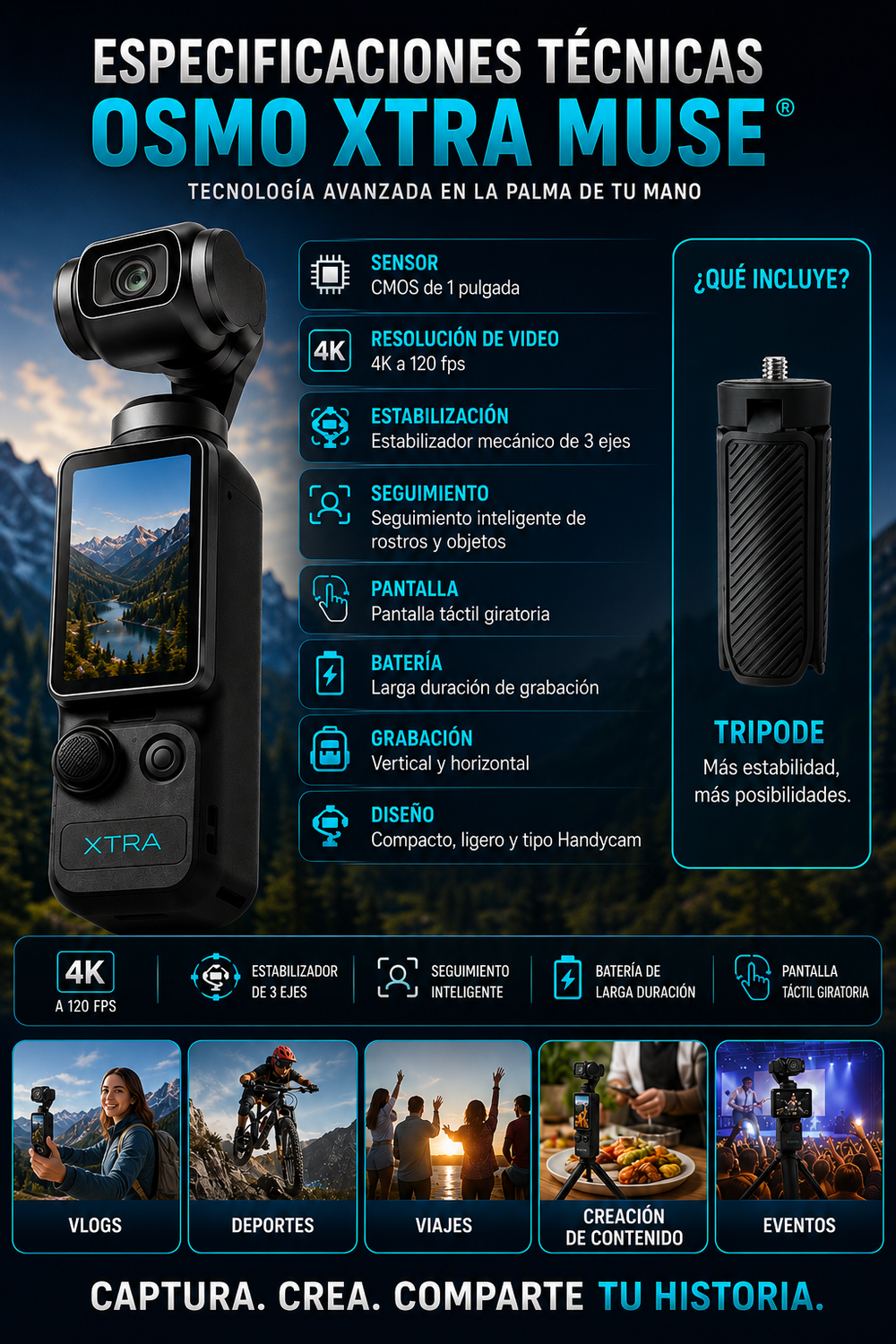 Osmo Xtra Muse® Videocámara de vlogging con sensor CMOS de 1 pulgada, vídeo 4K a 120 fps, estabilizador de cardán de 3 ejes, enfoque rápido, seguimiento de rostros/objetos y diseño portátil tipo Handycam.