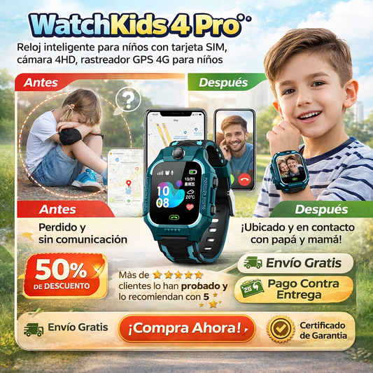 WatchKids 4 Pro®️ Reloj inteligente para niños con tarjeta SIM, cámara 4HD,  rastreador GPS 4G para niños