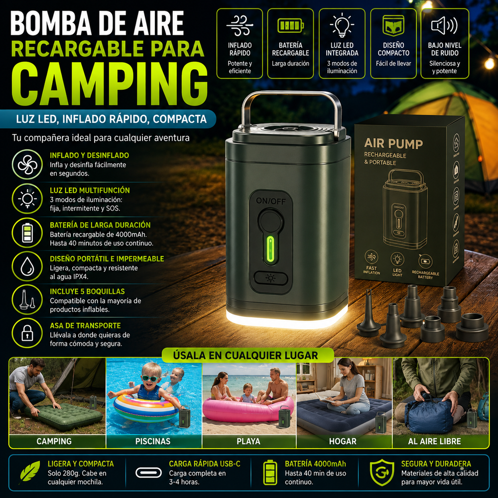 Bomba de aire recargable para camping – Luz LED, inflado rápido, compacta