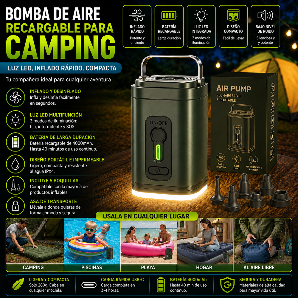 Bomba de aire recargable para camping – Luz LED, inflado rápido, compacta
