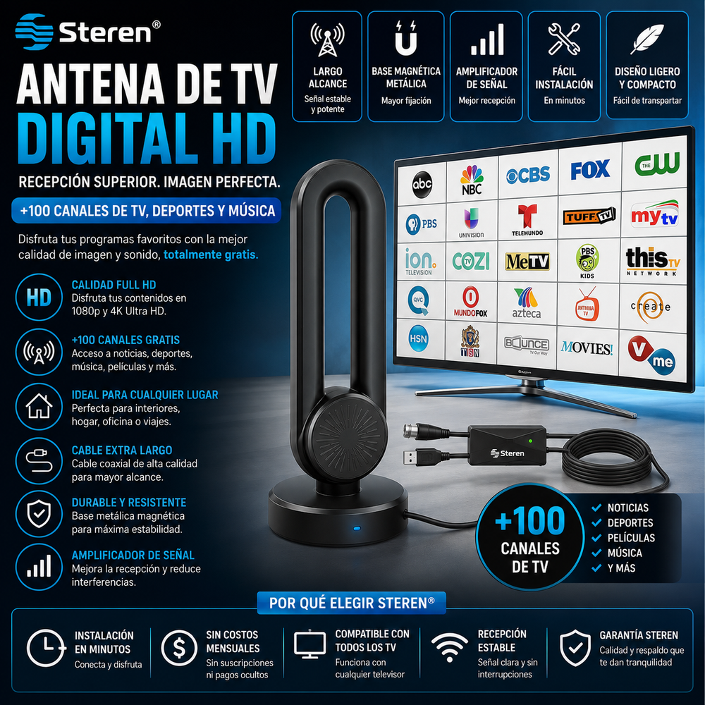 Steren® Antena de TV digital HD: base magnética metálica compacta, diseño ligero, amplificador de señal, fácil instalación, recepción de largo alcance para canales locales, antena digital HD, +100 canales de tv, deportes y musica