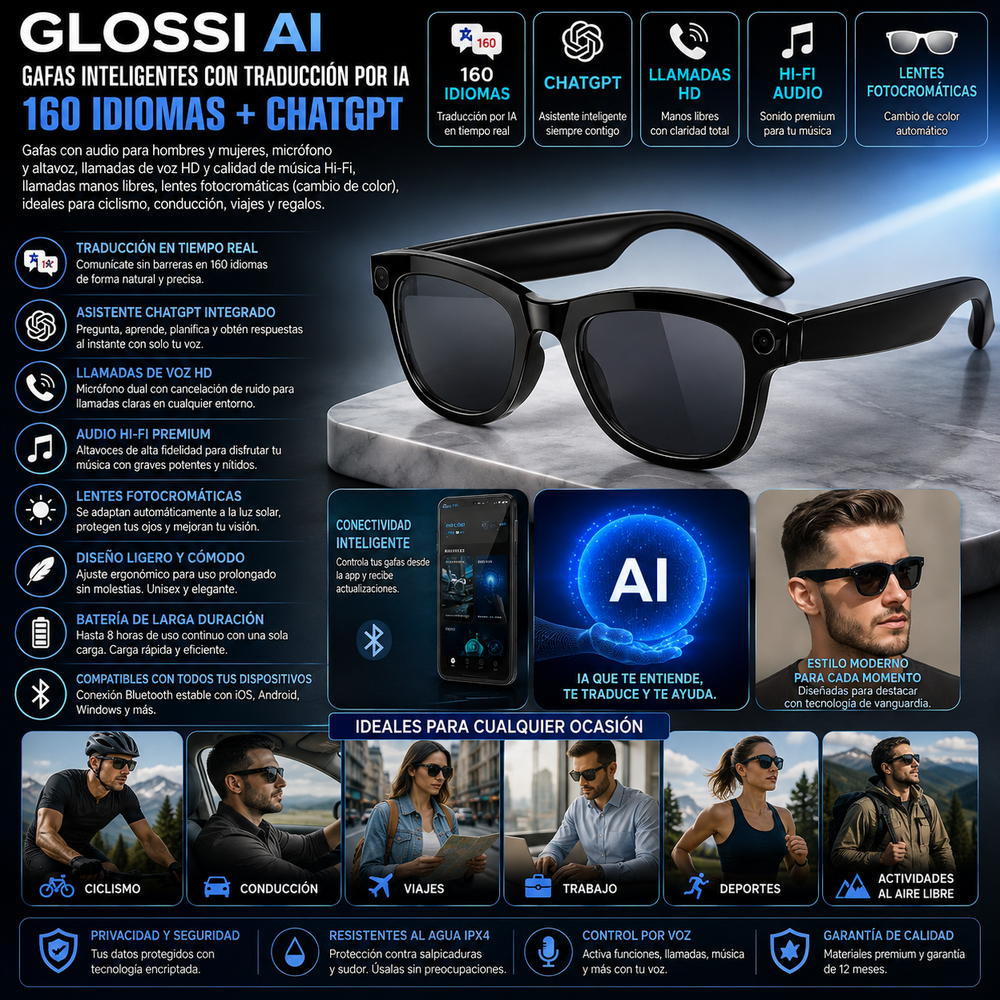 GLOSSI AI Gafas inteligentes con traducción por IA, 160 idiomas, ChatGPT, gafas con audio para hombres y mujeres, micrófono y altavoz, llamadas manos libres, lentes fotocromáticas, ideales para ciclismo, conducción, viajes y regalos
