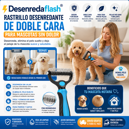 Desenredaflash®️ Rastrillo desenredante de doble cara para mascotas sin dolor