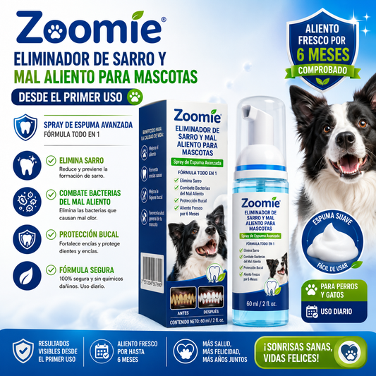 Zoomie Eliminador de sarro y mal alineto para mascotas desde el primer, spray de espuma avanzada, formula todo en 1, elimina sarro, combate bacteria del mal aliento y proteccion bucal para aliento fresco por 6 meses