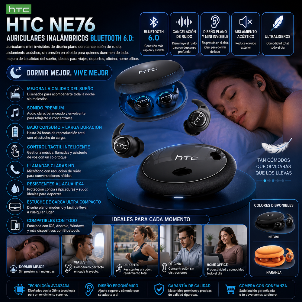 HTC NE76 Auriculares inalámbricos Bluetooth 6.0: auriculares mini invisibles de diseño plano con cancelación de ruido, aislamiento acústico, sin presión en el oído para quienes duermen de lado, ideales para viajes, deportes, oficina, home office.
