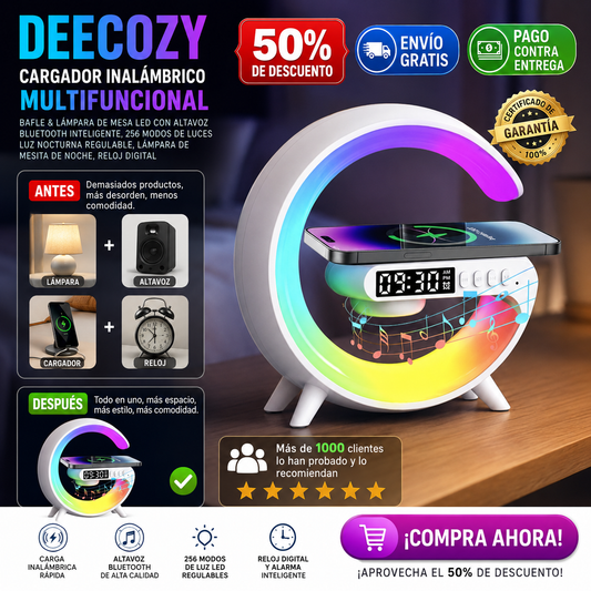 DEECOZY Cargador Inalámbrico Multifuncional, bafle & lámpara de Mesa LED con Altavoz Bluetooth Inteligente, 256 Modos de Luces Luz Nocturna regulable lámpara de Mesita de noche reloj digital