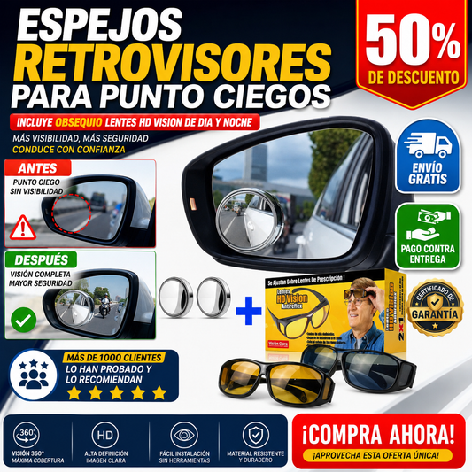 ESPEJOS RETROVISORES PARA PUNTO CIEGOS INCLUYE OBSEQUIO LENTES HD VISION DE DIA Y NOCHE