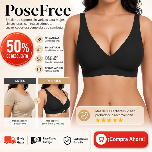 PoseFree Brasier de soporte sin varillas para mujer, sin costuras, con realce cómodo, suave, cobertura completa tipo camiseta