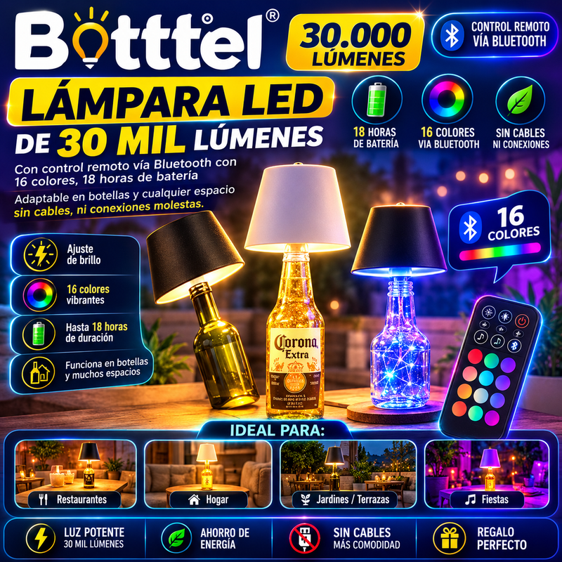 Bottel® Lampara led de 30 mil lumenes, control remoto via bluetooth con 16 colores, 18 horas de bateria, adaptable en botellas y cualquier espacio sin cables, ni conexiones molestas