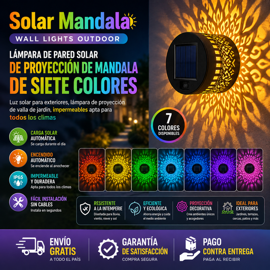Solar Mandala Wall Lights Outdoor Lámpara de pared solar de proyección de mandala de siete colores, luz solar para exteriores, lámpara de proyección de valla de jardín, impermeables apta para todos los climas
