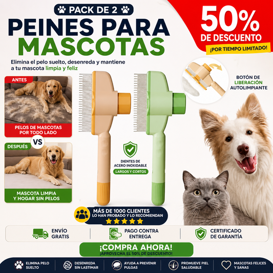 Pack de 2 peines para mascotas (perros y gatos) con dientes de acero inoxidable largos y cortos para eliminar el pelo suelto y desenredar peine autolimpiante para mascotas