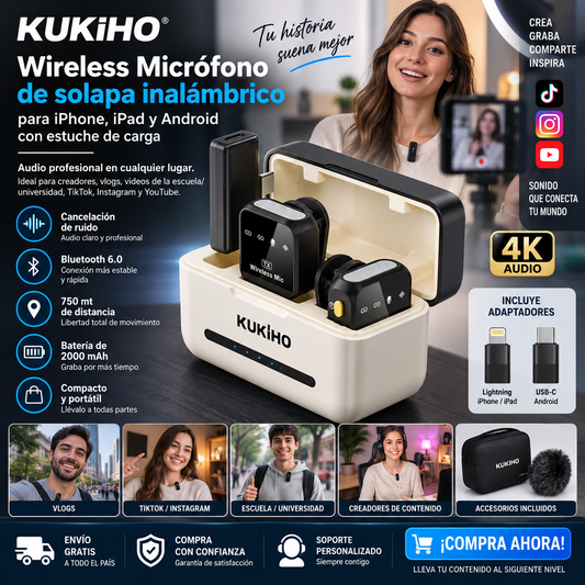 KUKIHO Wireless Micrófono de solapa inalámbrico para iPhone, iPad y Android con estuche de carga; cancelacion de ruido, Bluetooth 6.0, 750 mt de distancia, ideal para creadores, vlogs, videos de la escuela/universidad