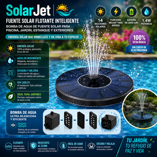 SolarJet | Fuente Solar Flotante Inteligente - Bomba de agua de fuente solar para piscina con energía solar para baño, jardín, estanque, piscina, al aire libre (1.4 Watios de potencia y bateria de 2000 mAh)