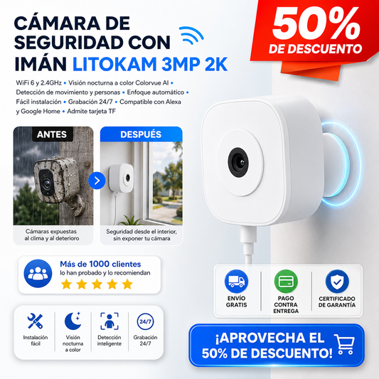 Cámara de seguridad para con iman Litokam 3MP 2K, cámara WiFi para interiores wifi6 y 2.4GHz con visión nocturna a color Colorvue AI, compatible con Wi-Fi 6, detección de movimiento y personas con enfoque automático.