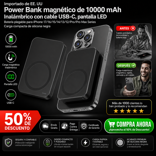 Importado de EE. UU Power Bank magnético de 10000 mAh, inalámbrico con cable USB-C, pantalla LED, batería plegable para iPhone 17/16/15/14/13/12/Pro/Pro Max Series, carga compacta de silicona negra