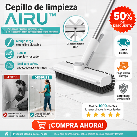 Cepillo de limpieza AIRU™, para bañera y paredes con mango largo, 3 en 1: raspador y cepillo de cerdas rígidas de alta resistencia para limpiar duchas, baños, patios, garajes, cocinas, paredes y terrazas.