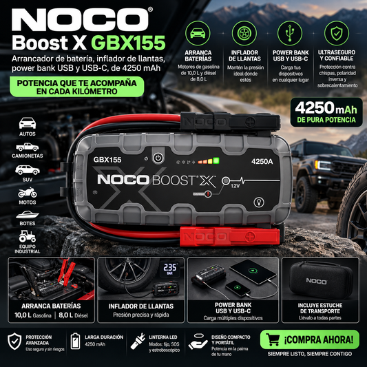 NOCO Boost X GBX155 Arrancador de bateria, inflador de llantas, power bank USB Y USBC, de 4250 MAh para motores de gasolina de 10,0 L y diésel de 8,0 L
