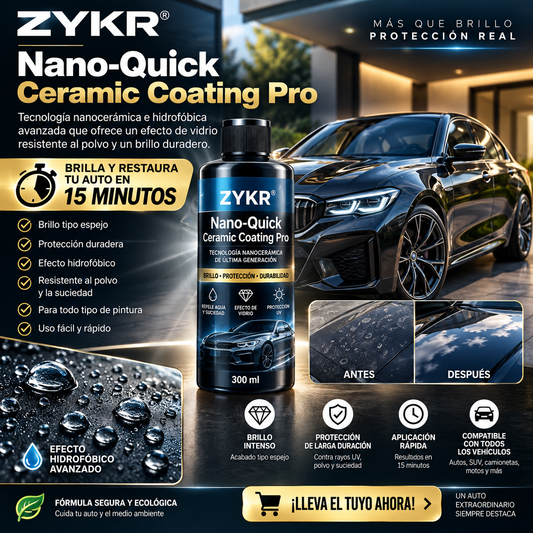 ZYKR Nano-Quick Ceramic Coating Pro para automóviles, con tecnología nanocerámica e hidrofobica avanzada que ofrece un efecto de vidrio resistente al polvo y un brillo duradero. 300 ml. Brilla y restaura tu auto en 15 minutos