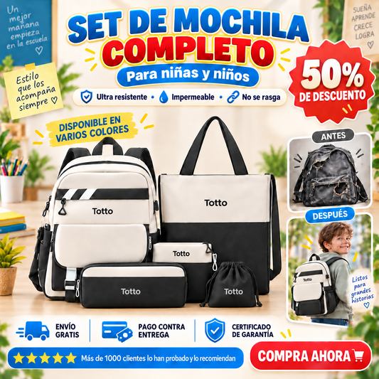 plantilla Set de mochila completo Totto impermeable, de cuero colores solidos brillantes para niños y niñas