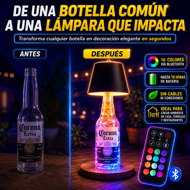 Bottel® Lampara led de 30 mil lumenes, control remoto via bluetooth con 16 colores, 18 horas de bateria, adaptable en botellas y cualquier espacio sin cables, ni conexiones molestas