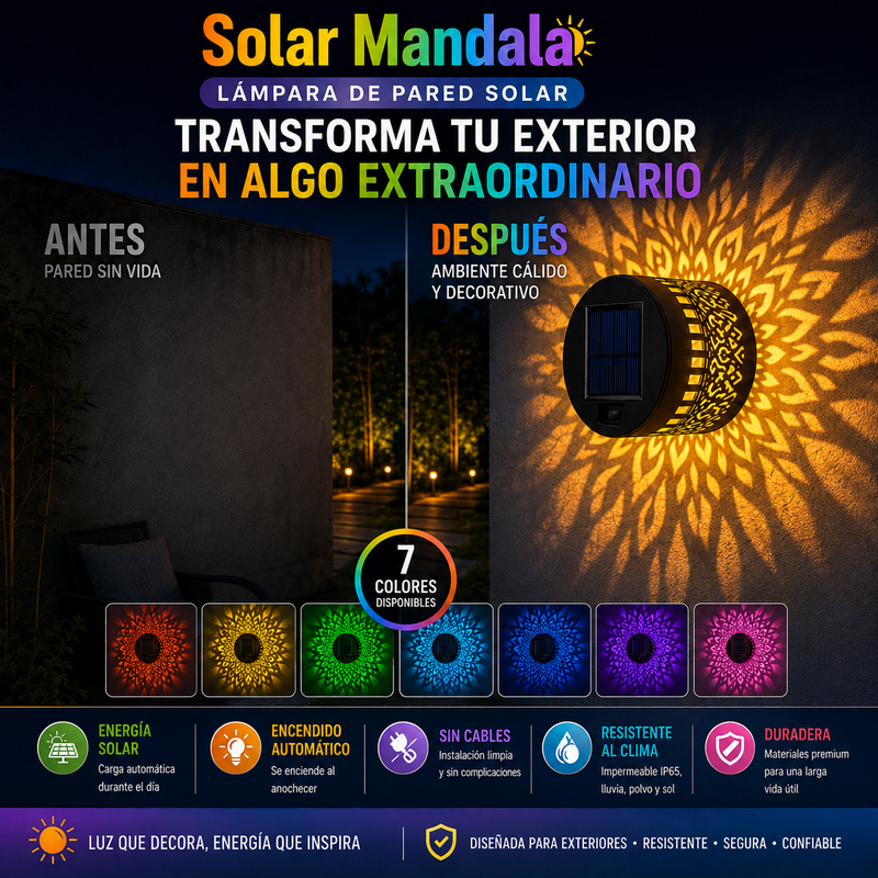 Solar Mandala Wall Lights Outdoor Lámpara de pared solar de proyección de mandala de siete colores, luz solar para exteriores, lámpara de proyección de valla de jardín, impermeables apta para todos los climas