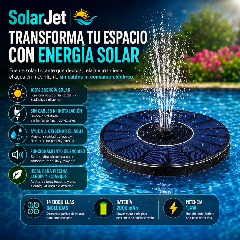 SolarJet | Fuente Solar Flotante Inteligente - Bomba de agua de fuente solar para piscina con energía solar para baño, jardín, estanque, piscina, al aire libre (1.4 Watios de potencia y bateria de 2000 mAh)