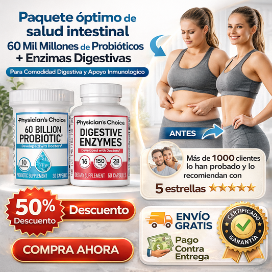 Paquete óptimo de salud intestinal: Enzimas digestivas para comodidad digestiva y apoyo inmunológico + 60 mil millones de probióticos