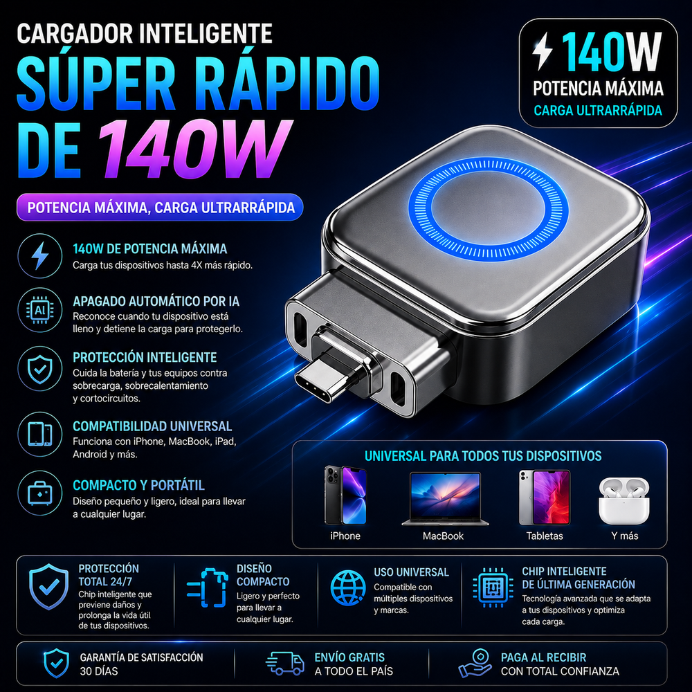 Cargador inteligente súper rápido de 140 W con apagado automático por IA – USB-C PD3.1 – Protección inteligente de la batería – Universal para iPhone, MacBook y tabletas