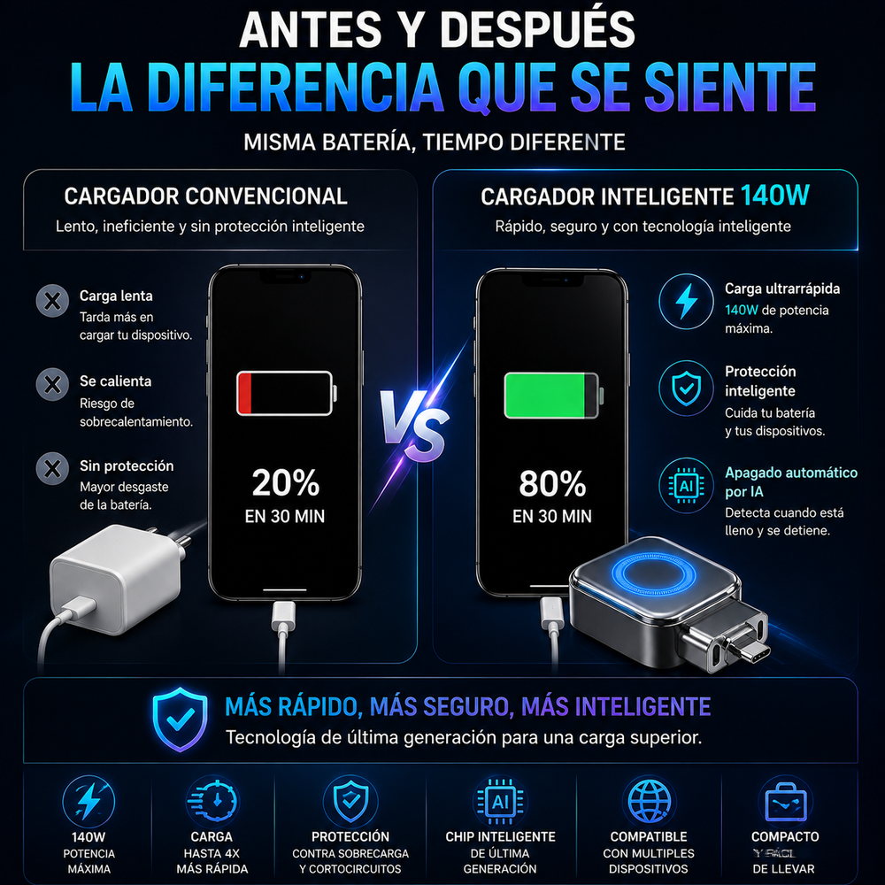 Cargador inteligente súper rápido de 140 W con apagado automático por IA – USB-C PD3.1 – Protección inteligente de la batería – Universal para iPhone, MacBook y tabletas