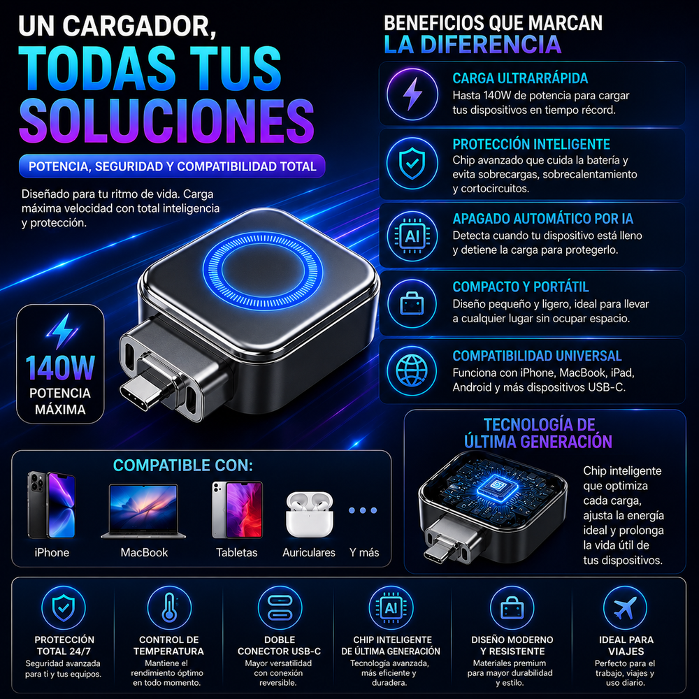 Cargador inteligente súper rápido de 140 W con apagado automático por IA – USB-C PD3.1 – Protección inteligente de la batería – Universal para iPhone, MacBook y tabletas