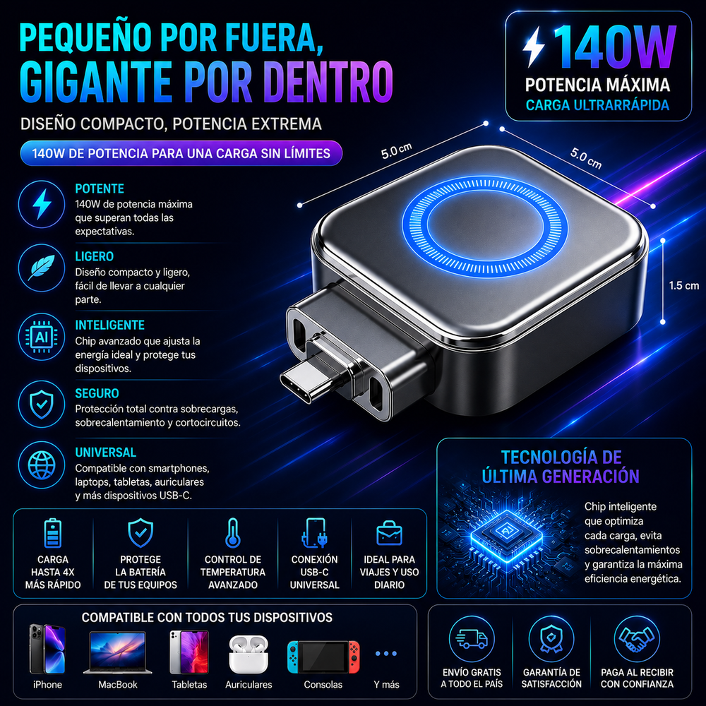 Cargador inteligente súper rápido de 140 W con apagado automático por IA – USB-C PD3.1 – Protección inteligente de la batería – Universal para iPhone, MacBook y tabletas