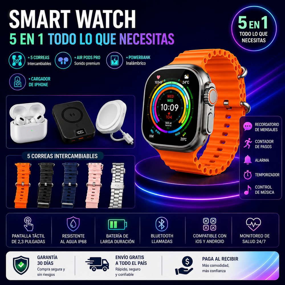 Smart Watch + 5 correas + Air Pods Pro + powerbank inalambrico + cargador de iphone para hombres y mujeres