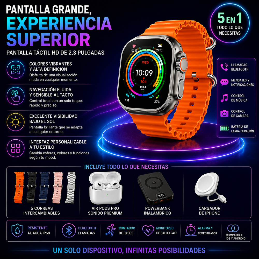 Smart Watch + 5 correas + Air Pods Pro + powerbank inalambrico + cargador de iphone para hombres y mujeres