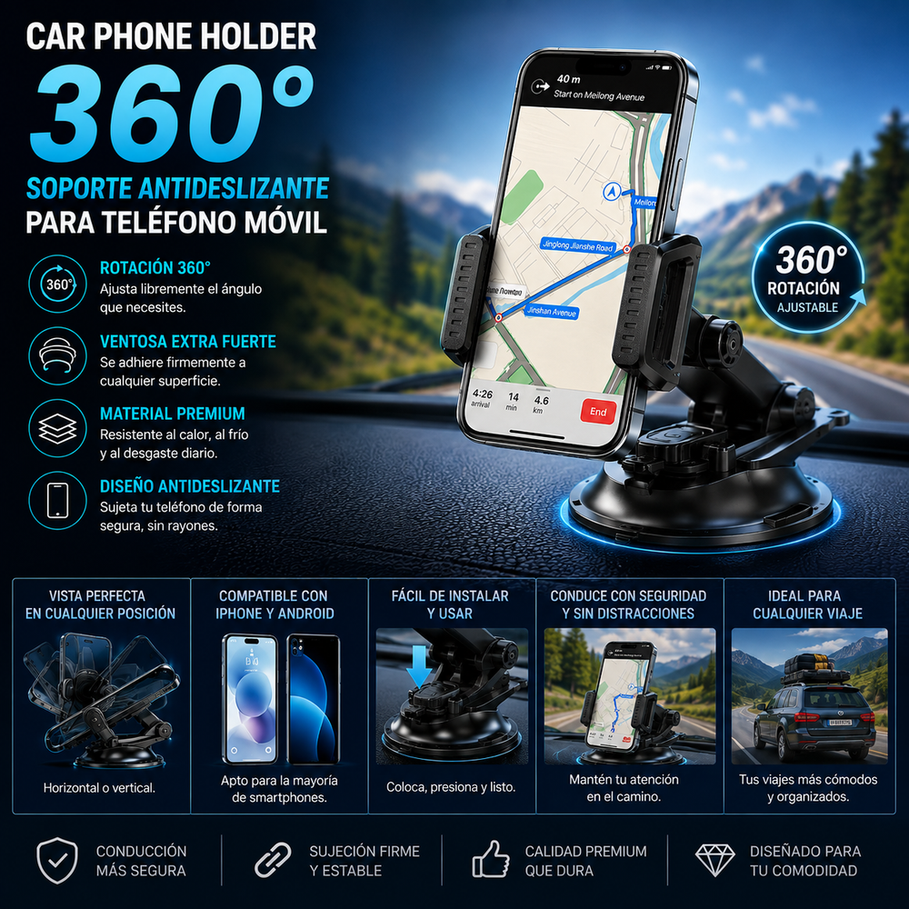Car Phone Holder 360 Soporte antideslizante para teléfono móvil con fijación por ventosa y rotación ajustable; apto para el salpicadero del coche, permite orientar la pantalla en horizontal o vertical y es compatible con iPhone y Android