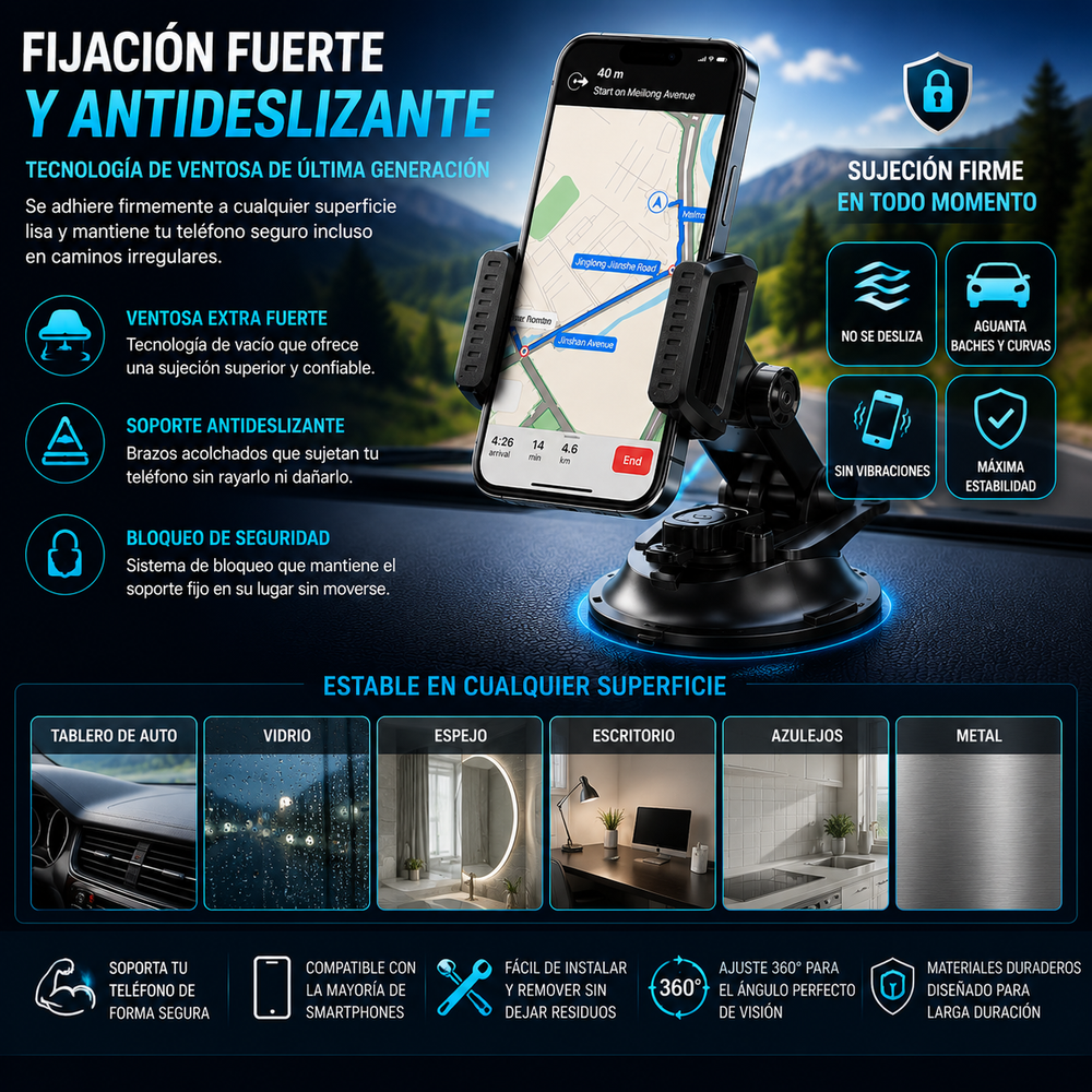 Car Phone Holder 360 Soporte antideslizante para teléfono móvil con fijación por ventosa y rotación ajustable; apto para el salpicadero del coche, permite orientar la pantalla en horizontal o vertical y es compatible con iPhone y Android