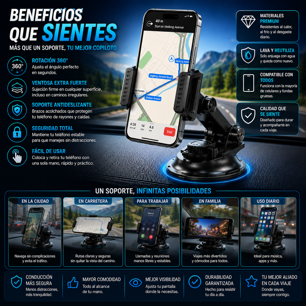 Car Phone Holder 360 Soporte antideslizante para teléfono móvil con fijación por ventosa y rotación ajustable; apto para el salpicadero del coche, permite orientar la pantalla en horizontal o vertical y es compatible con iPhone y Android