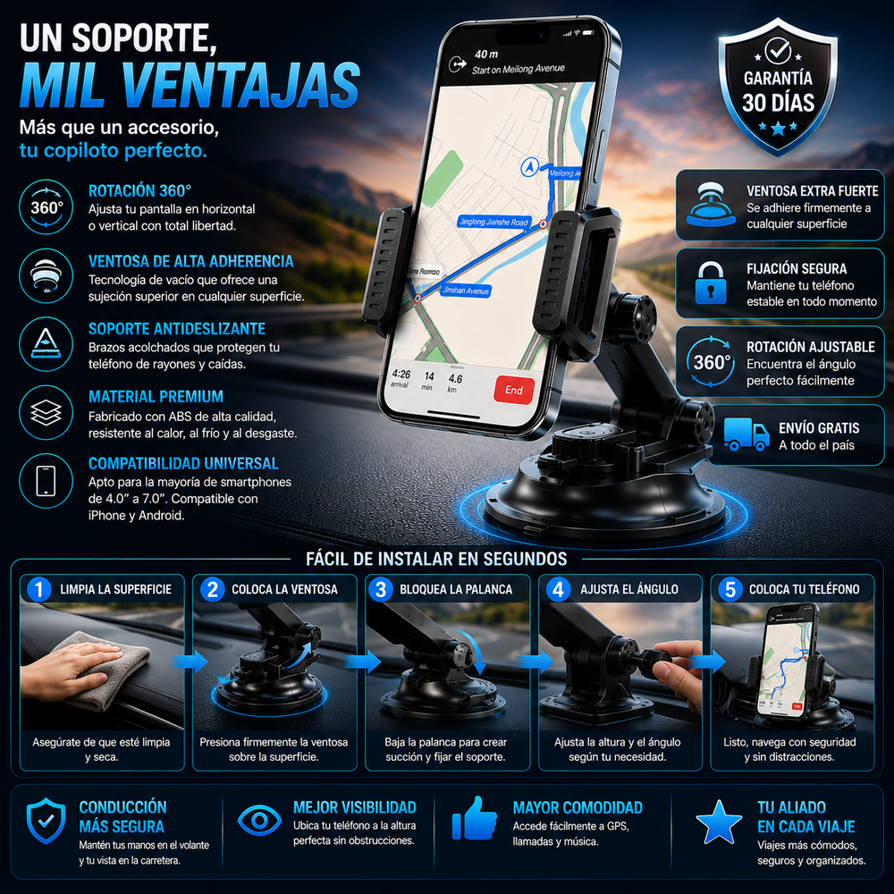 Car Phone Holder 360 Soporte antideslizante para teléfono móvil con fijación por ventosa y rotación ajustable; apto para el salpicadero del coche, permite orientar la pantalla en horizontal o vertical y es compatible con iPhone y Android