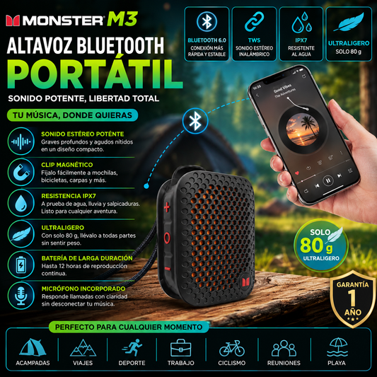 MONSTER M3 Altavoz Bluetooth portátil, sonido estéreo TWS, resistencia al agua IPX7, altavoz portátil con clip magnético, altavoz inalámbrico ultraligero (80 g) para exteriores, viajes, acampad, trabajo y deporte