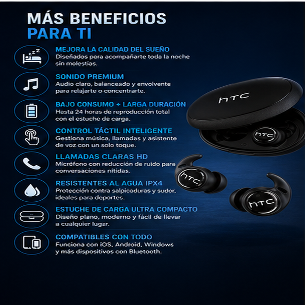 HTC NE76 Auriculares inalámbricos Bluetooth 6.0: auriculares mini invisibles de diseño plano con cancelación de ruido, aislamiento acústico, sin presión en el oído para quienes duermen de lado, ideales para viajes, deportes, oficina, home office.