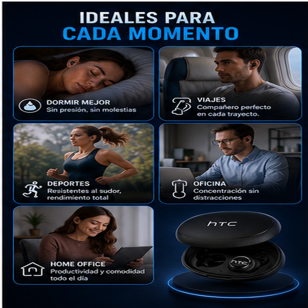 HTC NE76 Auriculares inalámbricos Bluetooth 6.0: auriculares mini invisibles de diseño plano con cancelación de ruido, aislamiento acústico, sin presión en el oído para quienes duermen de lado, ideales para viajes, deportes, oficina, home office.