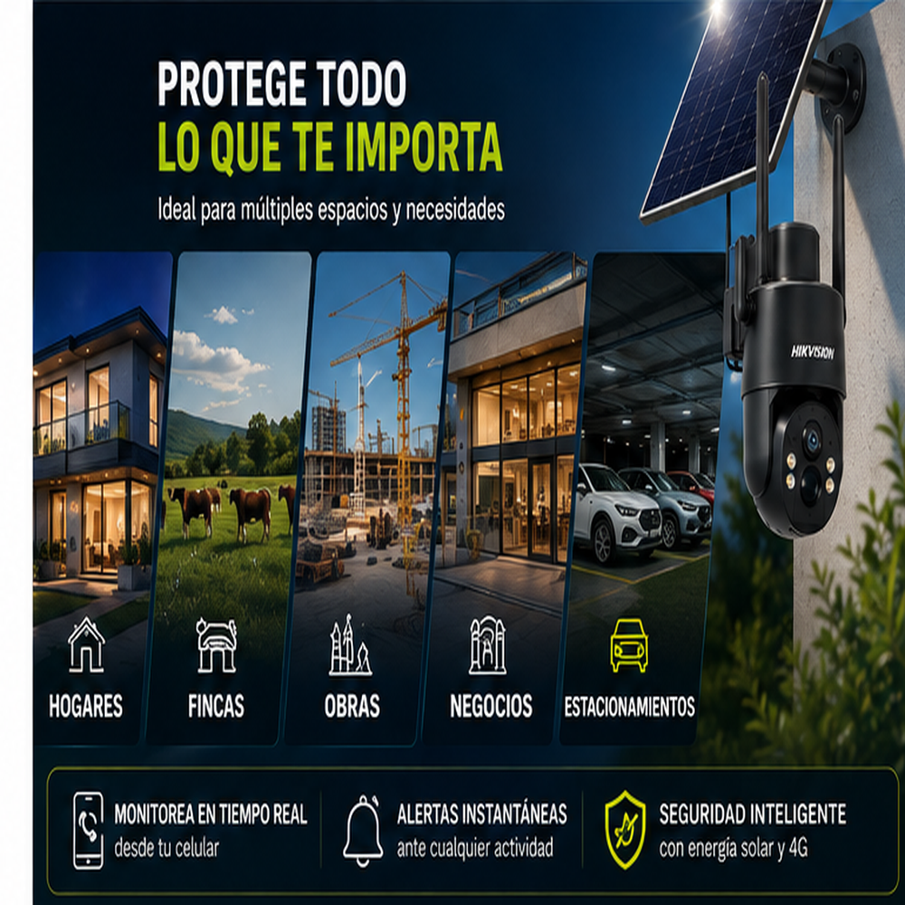 Hikvision® Cámara de seguridad digital 4G con energía solar, lente HD de 4 MP, visión nocturna a color, tarjeta celular integrada, monitoreo remoto y protección IP65; cámara para exteriores sin WiFi ideal para casa, fincas, granjas u hogares