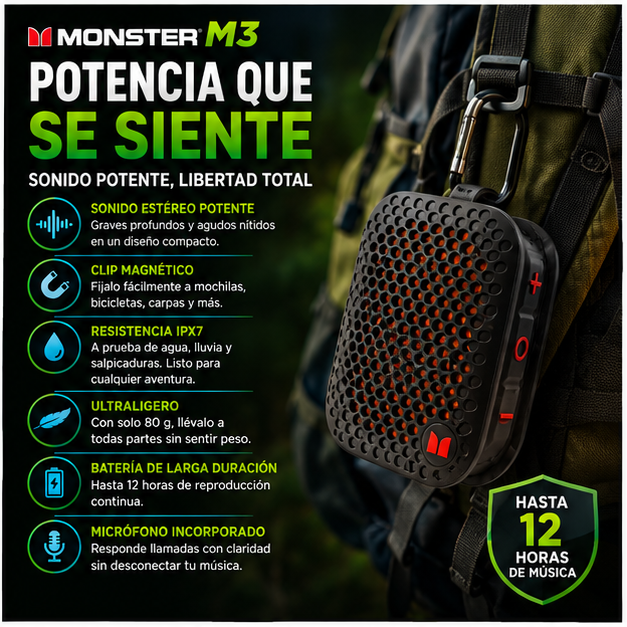 MONSTER M3 Altavoz Bluetooth portátil, sonido estéreo TWS, resistencia al agua IPX7, altavoz portátil con clip magnético, altavoz inalámbrico ultraligero (80 g) para exteriores, viajes, acampad, trabajo y deporte