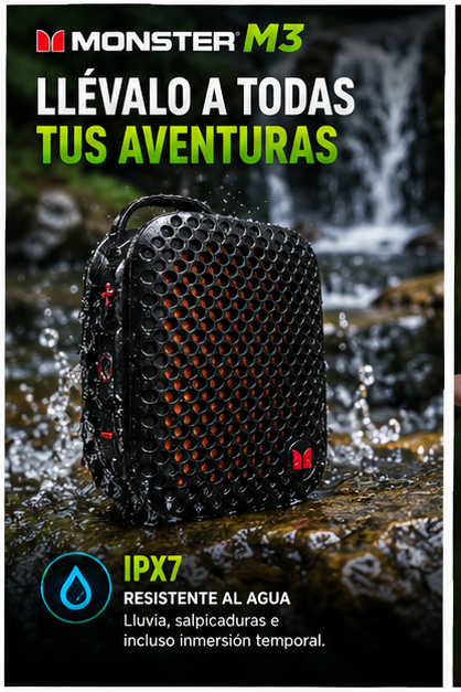 MONSTER M3 Altavoz Bluetooth portátil, sonido estéreo TWS, resistencia al agua IPX7, altavoz portátil con clip magnético, altavoz inalámbrico ultraligero (80 g) para exteriores, viajes, acampad, trabajo y deporte